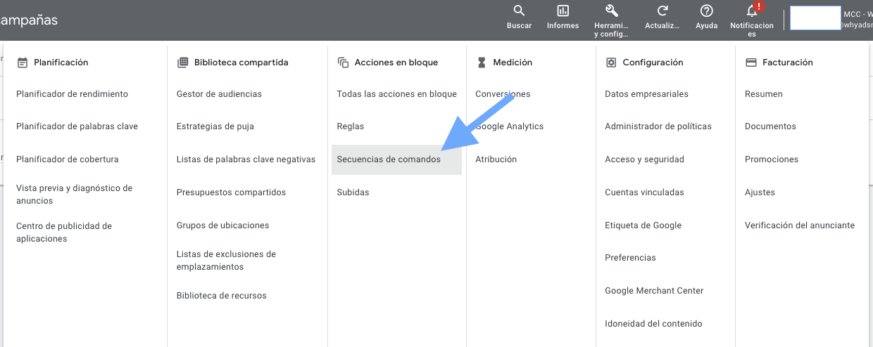 Clic en secuencia de comandos de Google Ads.
