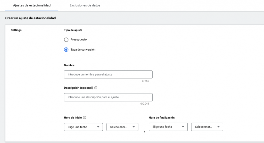 Configuracion Ajustes de Estacionalidad
