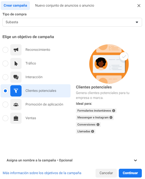 Campaña de clientes potenciales en facebook ads