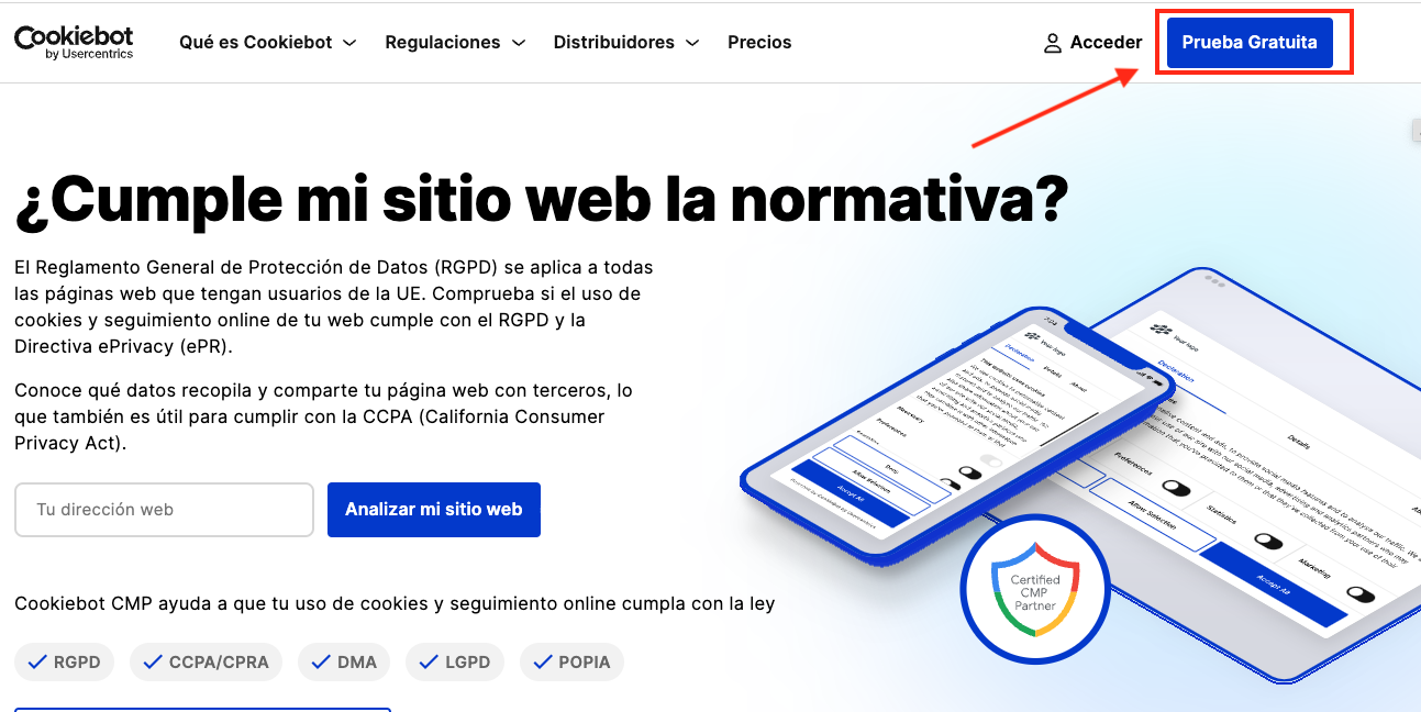 crear cuenta cookiebot