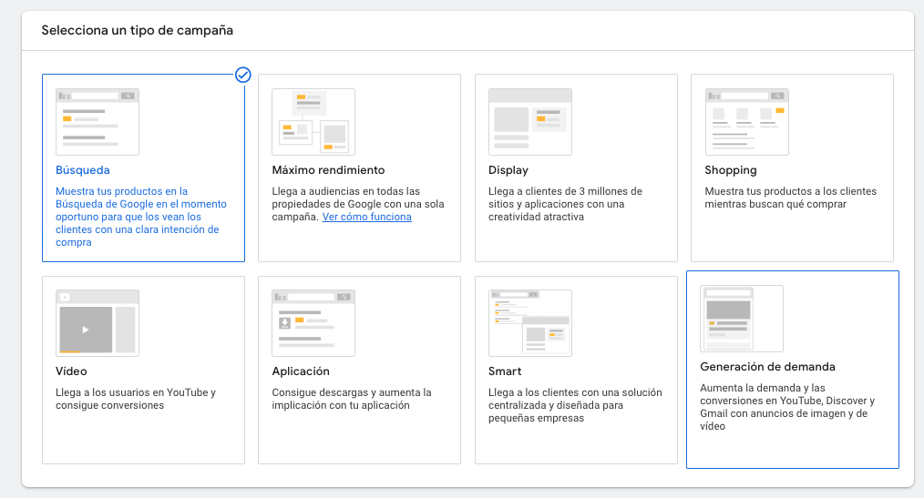 Tipos de campaña en google ads