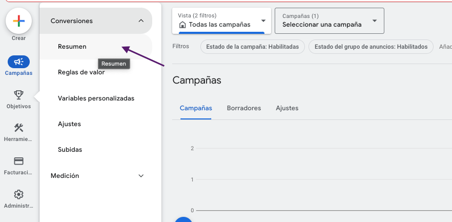 Donde crear Conversiones Google Ads