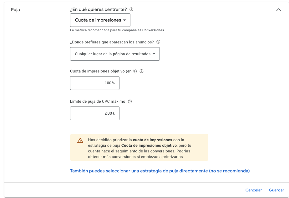 Estrategia de puja maximizar impresiones objetivo