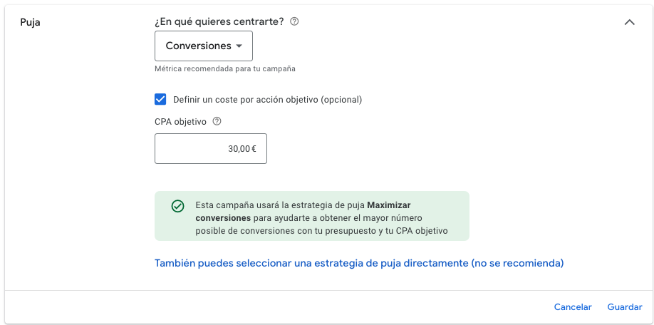 Estrategia de puja maximizar conversiones en google ads 
