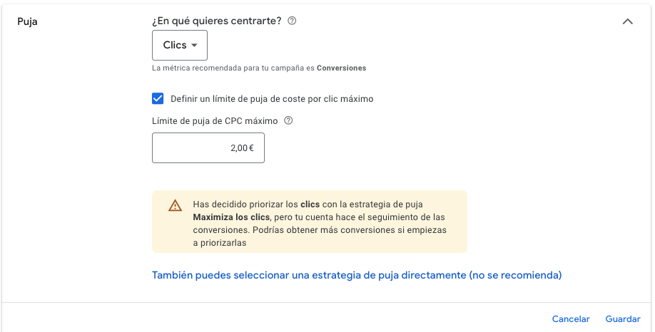 Estrategia de puja maximizar clics en google ads 