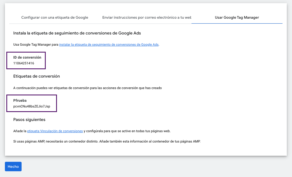 Instalacio´n Conversion Google Ads