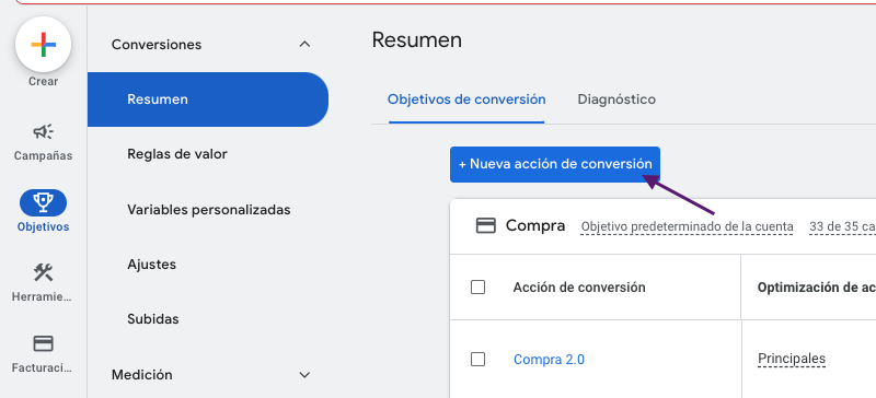 Nueva Accio´n de Conversio´n Google Ads