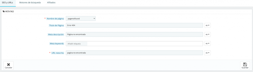 Ventana de configuración de Parámetros de Tienda para Tráfico y SEO en Prestashop